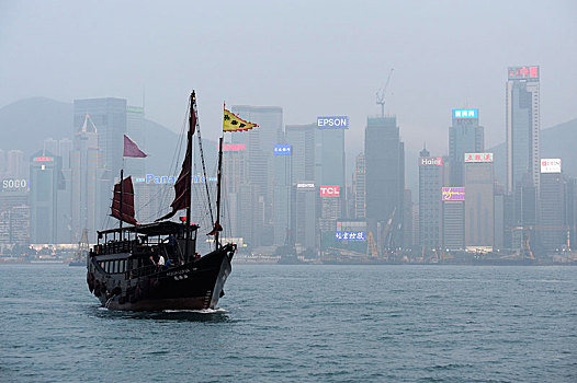 风景,船,湾,维多利亚港,香港岛,晚上,香港,中国,亚洲