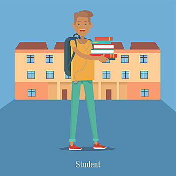 学生,站立,书本,背景,大学,建筑,拿着,山,褐色,屋顶,沟通,教育,概念,矢量