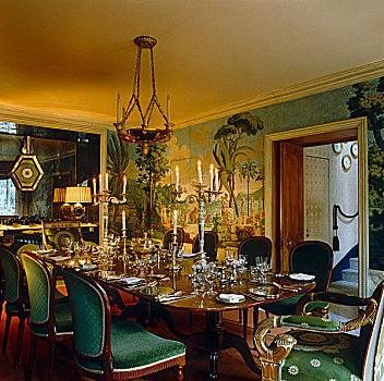 优雅,乔治时期风格,餐桌,烛光晚餐,餐厅,墙壁,遮盖,古典,场景