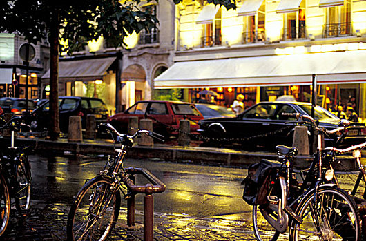 欧洲,法国,巴黎,晚间,街景,停放,自行车