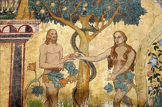 亚当,夏娃,伊甸园,五彩釉雕,户外,壁画,恩加丁,瑞士