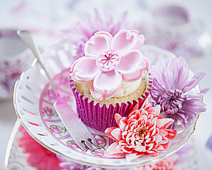 杯形蛋糕,装饰,白色,软糖,花
