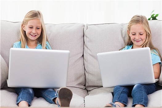孩子,双胞胎,笔记本电脑,坐,沙发