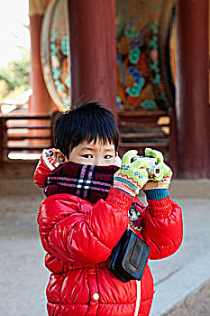 男孩,照相,相机,佛国寺,庆州,韩国