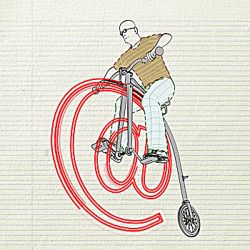 老人,骑,便士,自行车,上网,插画