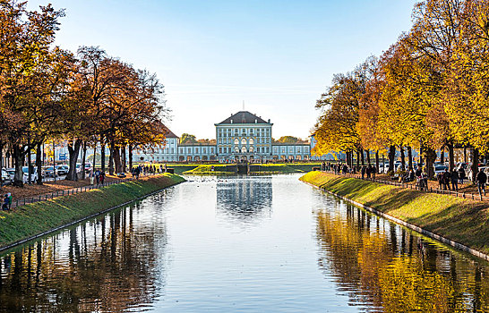宁芬堡,宫殿,东方,反射,锁,水道,秋天,慕尼黑,上巴伐利亚,巴伐利亚,德国,欧洲