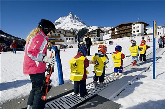 滑雪道,孩子,山,提洛尔,奥地利,欧洲