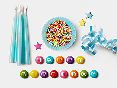 生日快乐,书写,糖豆,蓝色,纸杯,满,糖,球,装饰,蛋糕,带,生日蜡烛