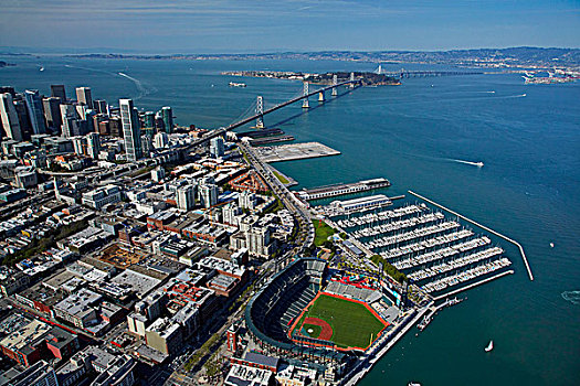美国,加利福尼亚,旧金山,球场,家,棒球队,南海滩,码头,市区,海湾大桥,俯视
