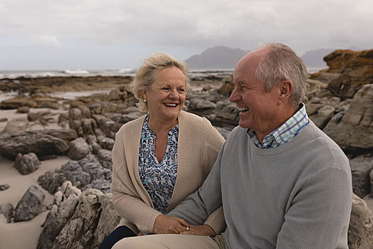 高兴,老年,夫妻,互动,相互,坐,海滩