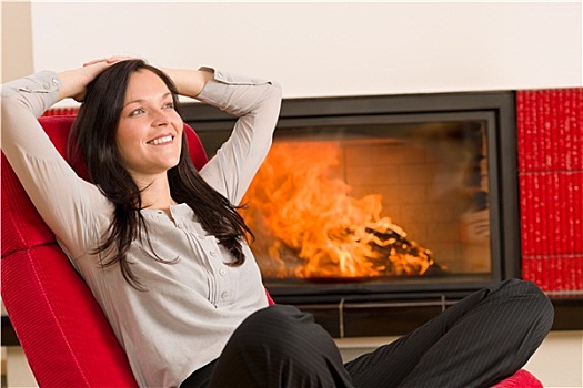 冬天,家,壁炉,女人,放松,红色,扶手椅