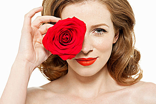 女人,遮盖,眼,红色,玫瑰