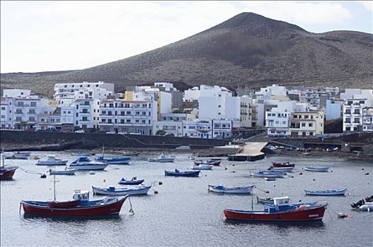 西班牙,加纳利群岛,渔船,港口,建筑,山,背景