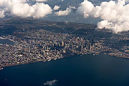 美丽的鸟瞰太平洋西北部城市西雅图,华盛顿,美国的,市区都市区与普吉特海湾