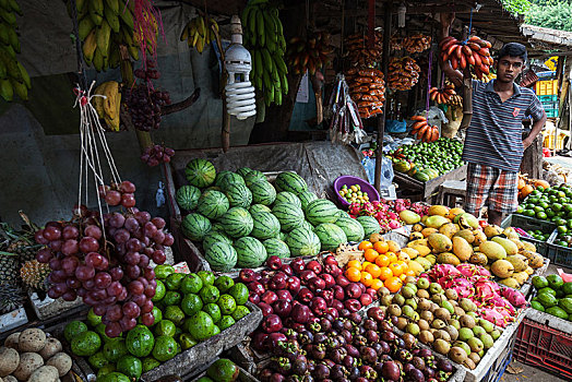 水果摊,香蕉,甜瓜,鳄梨,菠萝,葡萄,苹果,梨,橘子,莽吉柿,中央省,斯里兰卡,亚洲