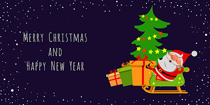 圣诞快乐,新年快乐,圣诞老人,卧,木质,雪撬,靠近,装饰,圣诞树,卡通,设计,常青树,彩色,星,风格,矢量,插画