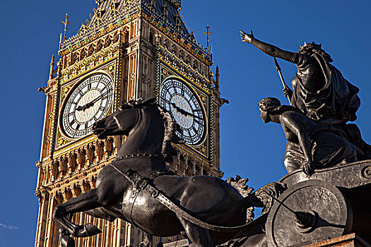 马,马车,雕塑,女王,女儿,仰视,大本钟,堤,威斯敏斯特,伦敦,英格兰