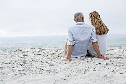 幸福伴侣,坐,沙子,看,海洋