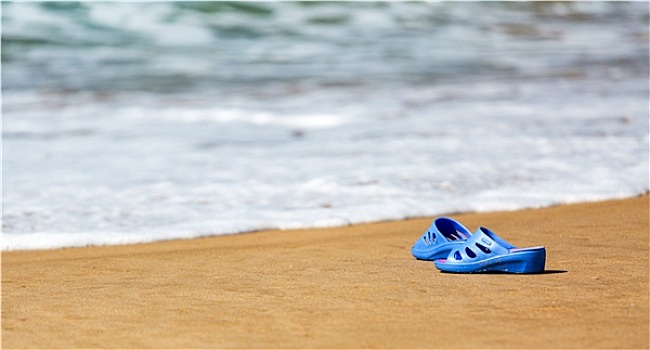 蓝色,拖鞋,沙,海滩