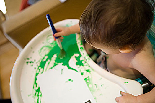 男婴,高脚椅,绿色,绘画