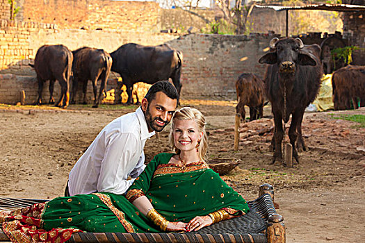 肖像,戴着,纱丽,牛,背景,旁遮普,印度