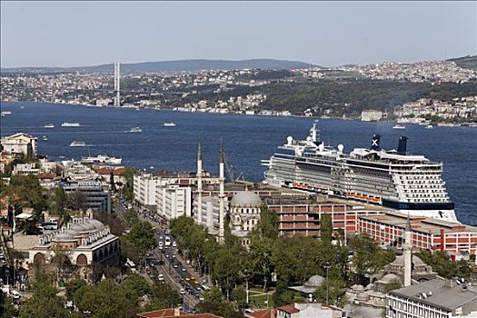 屋顶,博斯普鲁斯海峡,大,游船,码头,伊斯坦布尔,土耳其