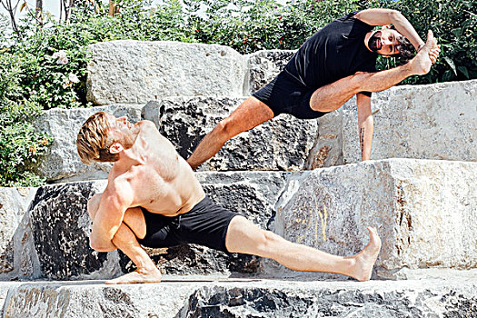 两个男人,练习,瑜伽姿势,公园