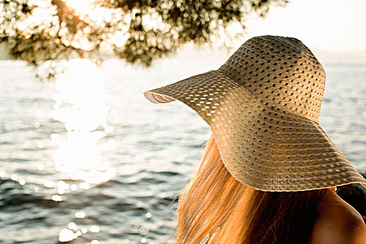 美女,太阳帽,海岸,克罗地亚