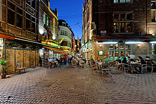 街道,餐馆,历史,中心,夜晚,布鲁塞尔,比利时,欧洲