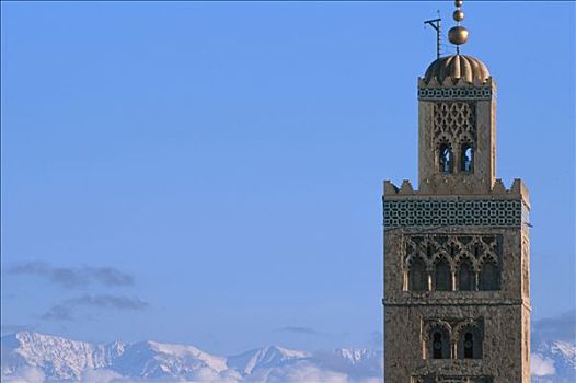 摩洛哥,玛拉喀什,顶峰,尖塔,库图比亚清真寺,攀升,背影