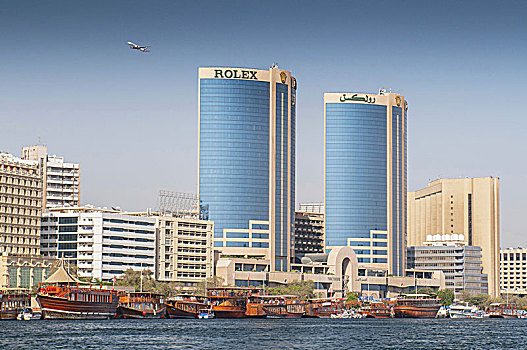 老,木质,独桅三角帆船,停泊,迪拜河,现代办公室,建筑,背景,迪拜,阿联酋