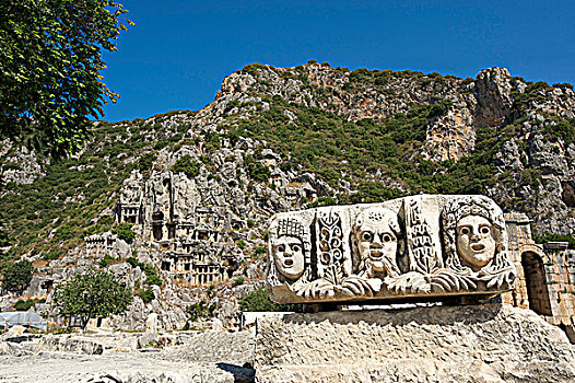 面具,石头,陵墓,米拉,青绿色,海岸,土耳其