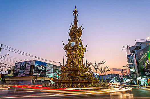 钟楼,日落,光影,交通工具,清莱,省,北方,泰国,亚洲