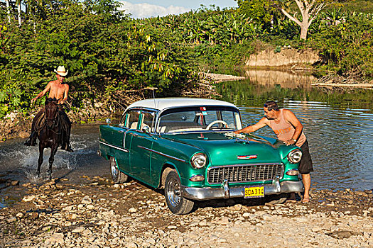 古巴,骑手,过去,一个,男人,洗,经典,美洲,汽车,河,户外,特立尼达