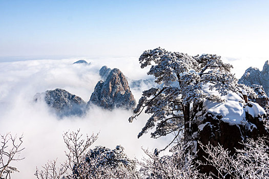 中国安徽黄山风景区,冬日雪后奇峰怪石林立,云雾飘渺宛若仙境