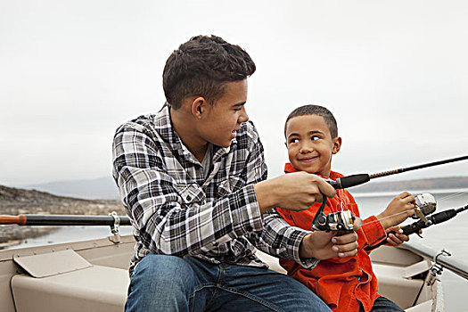 湖,两个男孩,钓鱼,船
