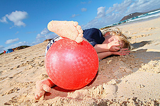 男孩,玩,红色,球,海滩