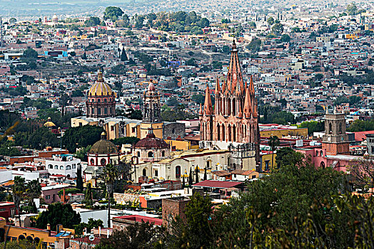城市,教堂建筑,上升,高处,建筑,圣米格尔,瓜纳华托,墨西哥