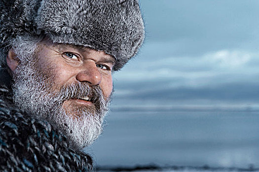 男人,灰色,胡须,戴着,裘皮帽,户外,冬天,冰岛