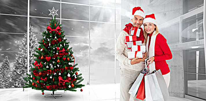 合成效果,图像,高兴,喜庆,情侣,礼物,包,家,圣诞树