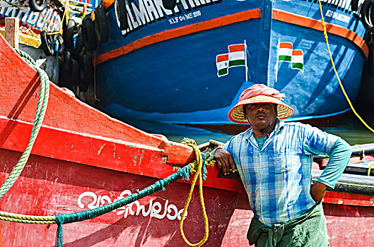 渔民,草帽,靠着,木船,等待,喀拉拉,印度