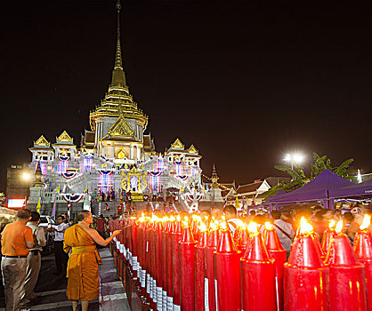光亮,寺院,庙宇,僧侣,点燃,蜡烛,春节,唐人街,曼谷,泰国,亚洲