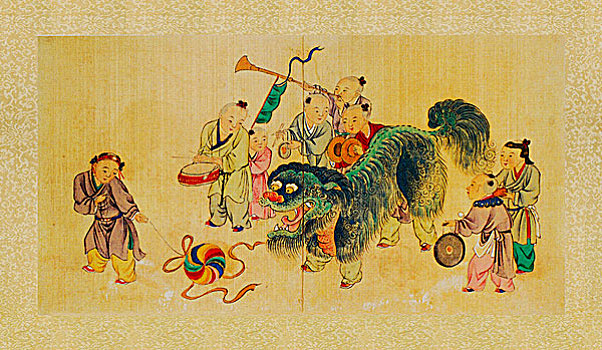 婴戏图册,舞狮图,佚名,清朝