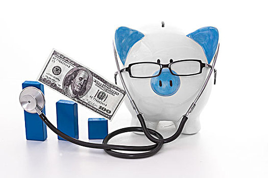 蓝色,白色,存钱罐,戴着,眼镜,听诊器,听,图表,模型