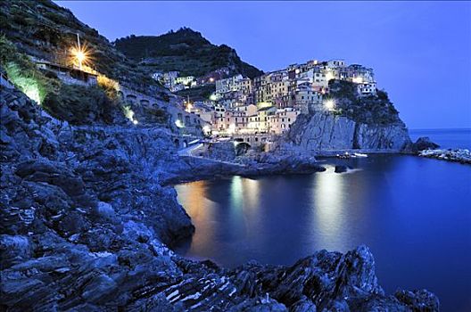 乡村,马纳罗拉,夜晚,陡峭,沿岸,悬崖,利古里亚,五渔村,意大利,欧洲