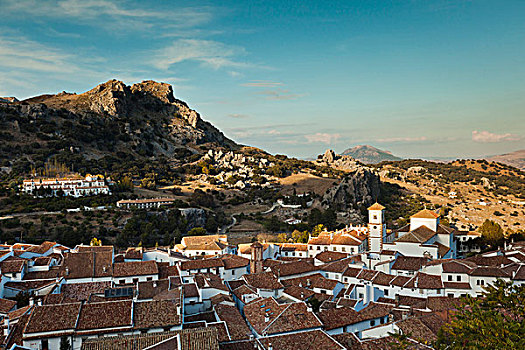 西班牙,安达卢西亚,区域,卡迪兹,格拉萨莱玛,俯视图,白色,乡村,黄昏