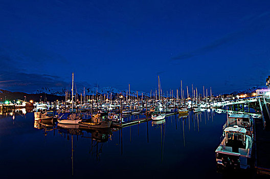 夜晚,小船,港口,肯奈半岛,阿拉斯加,春天
