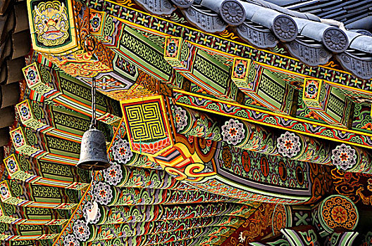 韩国,南,省,庆尚南道,特写,彩色,木质,屋顶,佛教寺庙
