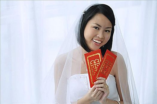 新娘,微笑,摄影,室外,两个,红色,信封