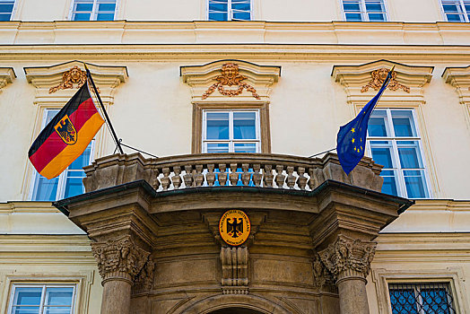 德国,大使馆,摆动,旗帜,门口,宫殿,布拉格,波希米亚,捷克共和国,欧洲